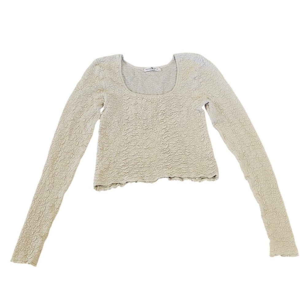 Natural Life Womens Large Cream Crinkle Texture Square Neck Crop Top Long Sleeve